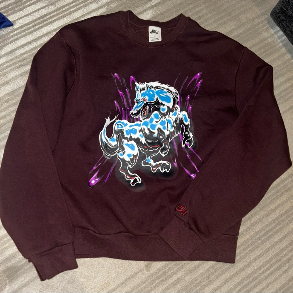 Nike Men's Burgundy Sweater with Dynamic Horse Graphic